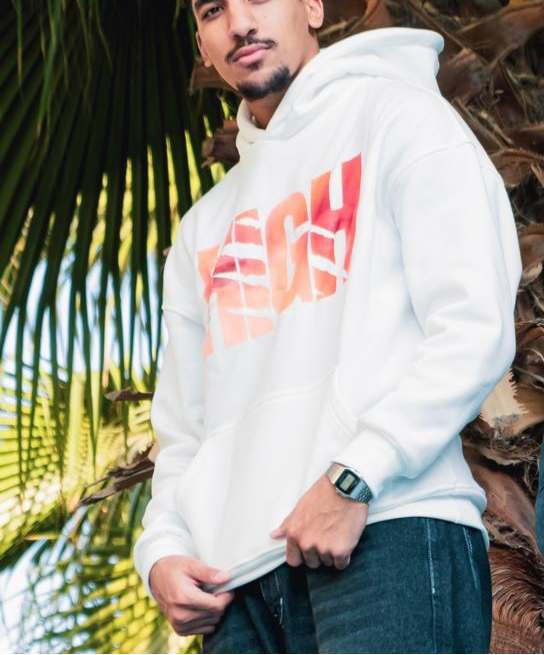 white hoodie with orange high