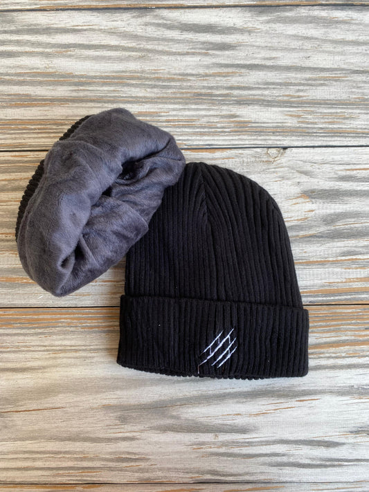 black beanie with white scratch