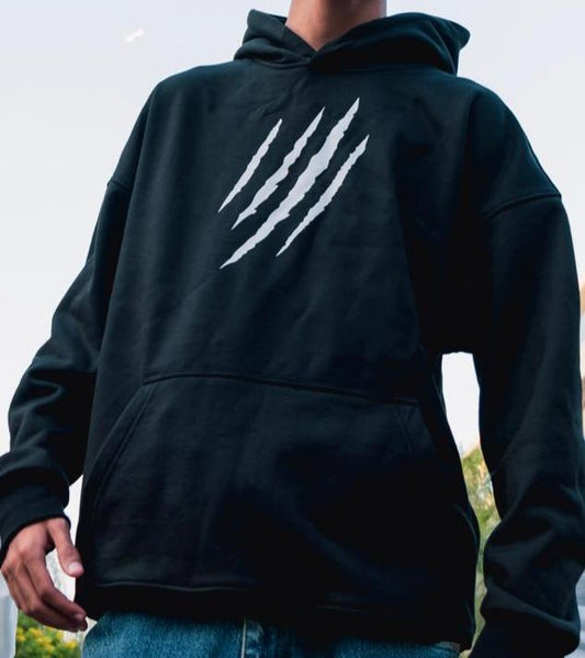 black hoodie with white scratches