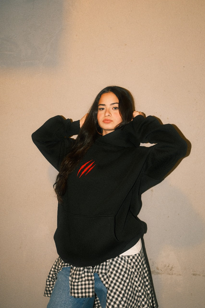 Black basic hoodie with red scratches